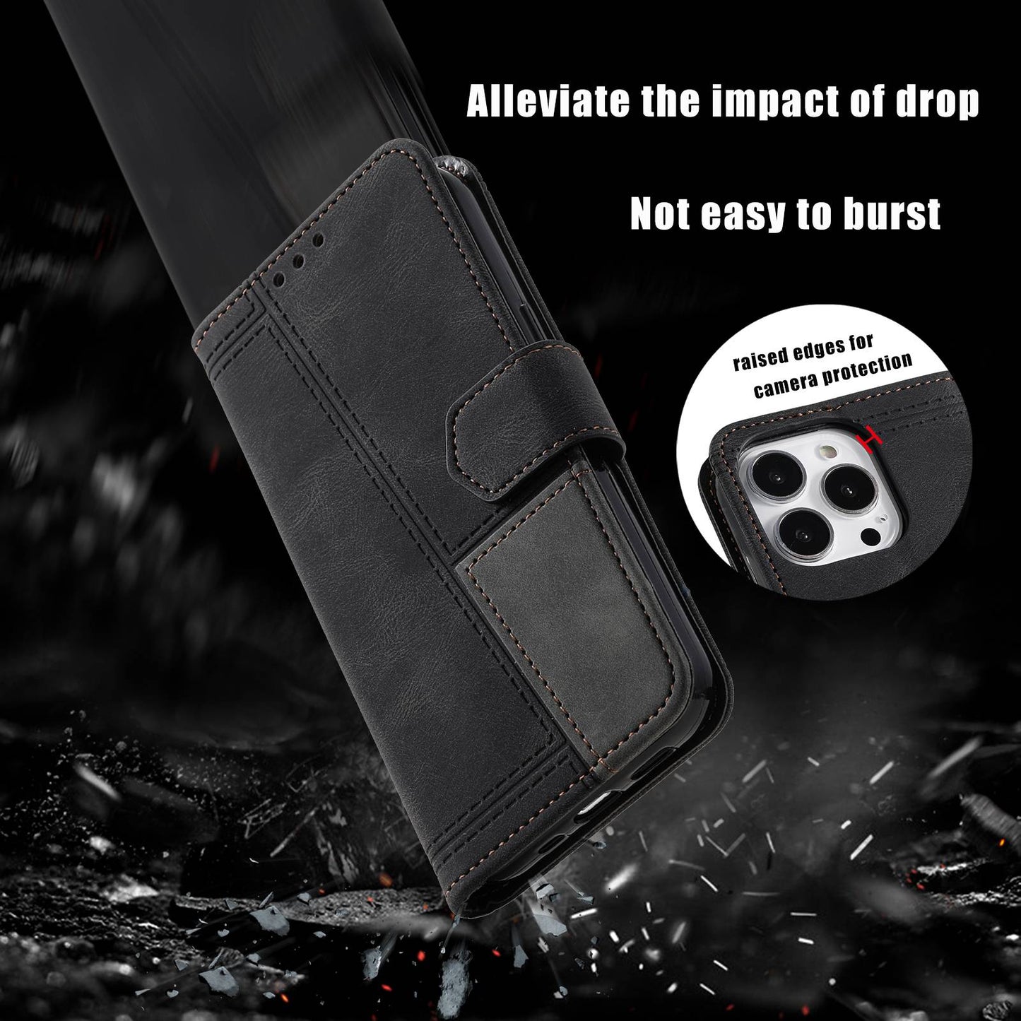 Uniqkart Leather Case for iPhone 15 Ultra Style 004 Splicing Skin-touch RFID Blocking Wallet Stand Wrist Strap Cover - Black