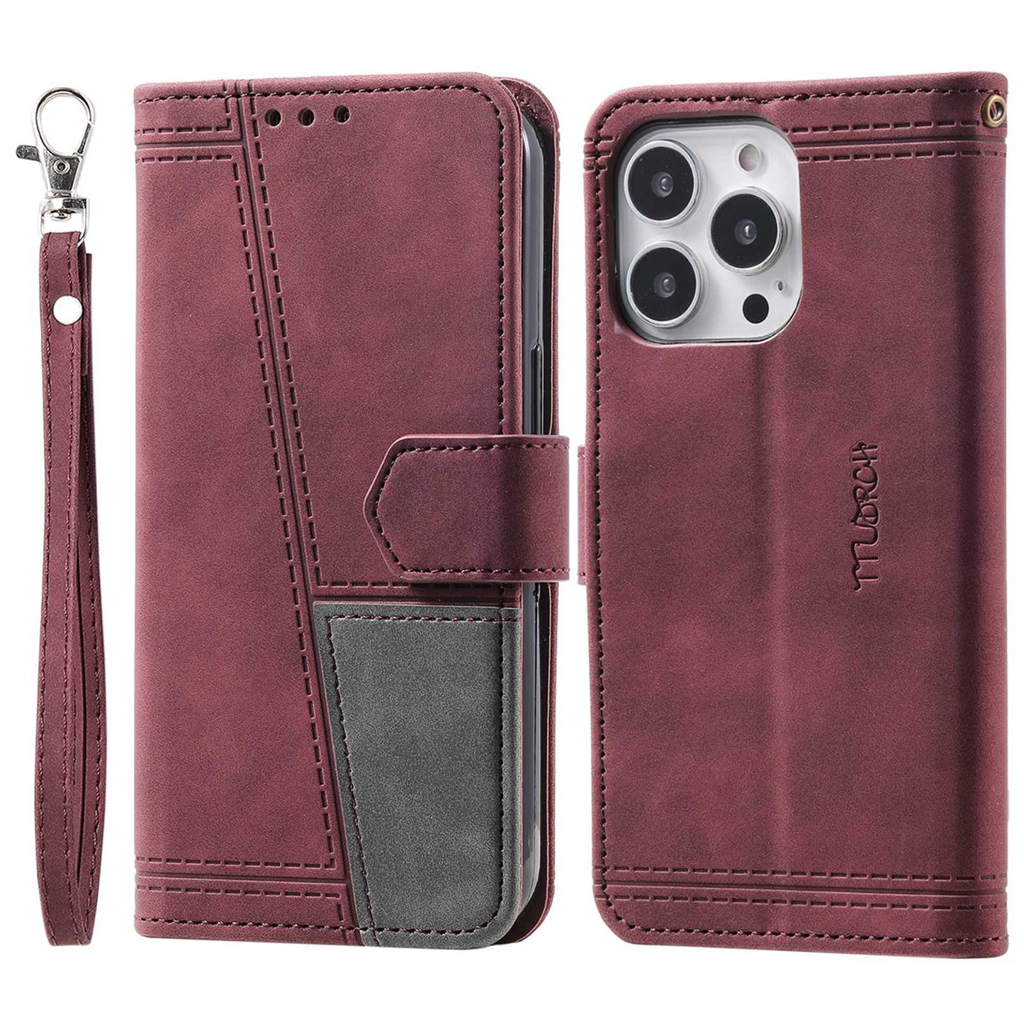 Uniqkart Leather Case for iPhone 15 Ultra Style 004 Splicing Skin-touch RFID Blocking Wallet Stand Wrist Strap Cover - Red