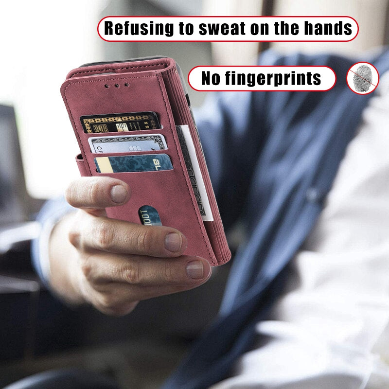 Uniqkart Leather Case for iPhone 15 Ultra Style 004 Splicing Skin-touch RFID Blocking Wallet Stand Wrist Strap Cover - Red