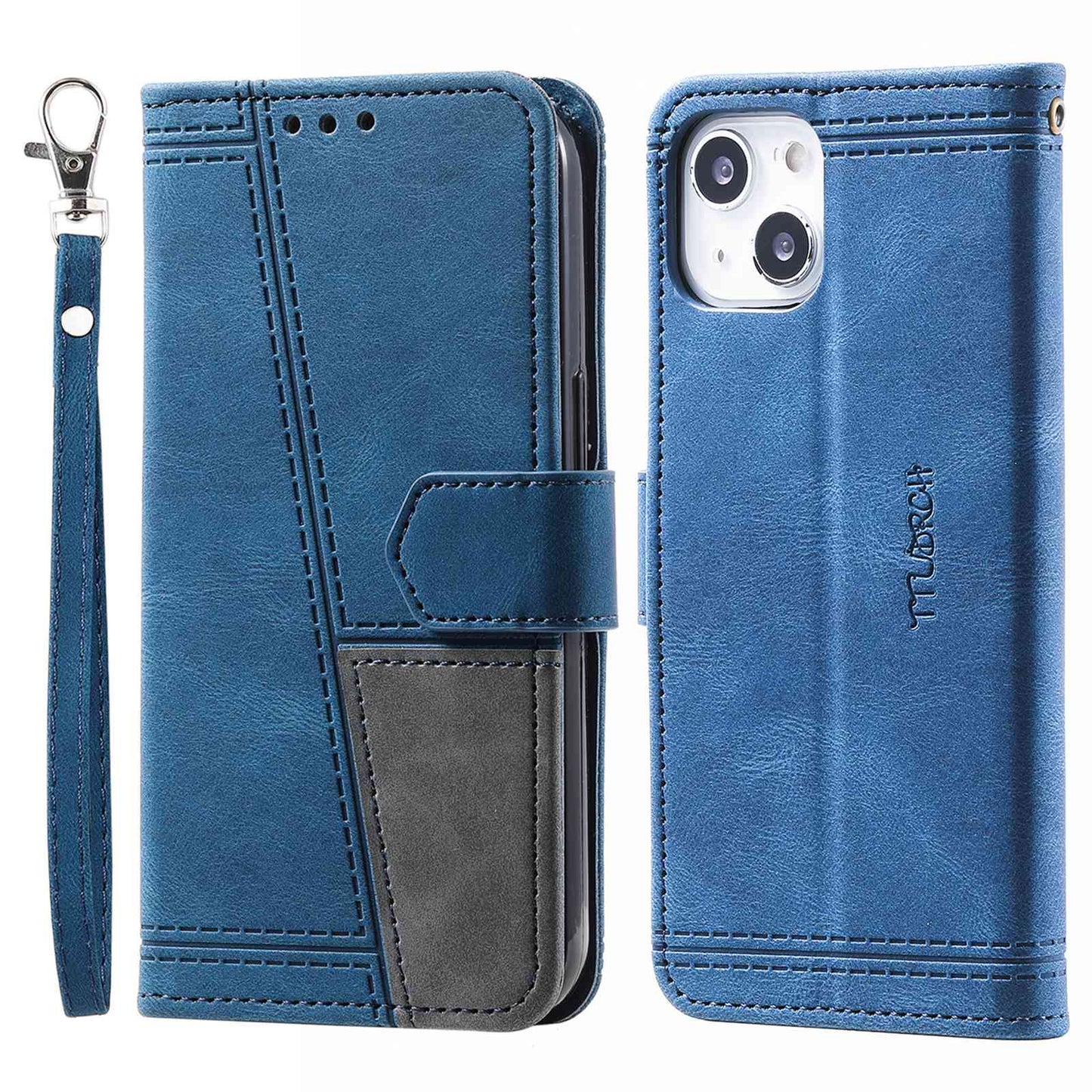 Uniqkart Splicing Shell for iPhone 15 Style 004 Skin-touch Leather Case RFID Blocking Wallet Stand Wrist Strap Cover - Blue