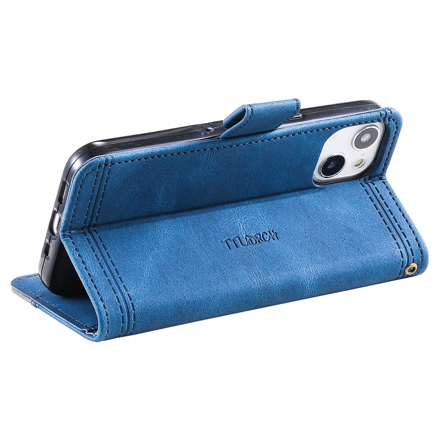 Uniqkart Splicing Shell for iPhone 15 Style 004 Skin-touch Leather Case RFID Blocking Wallet Stand Wrist Strap Cover - Blue