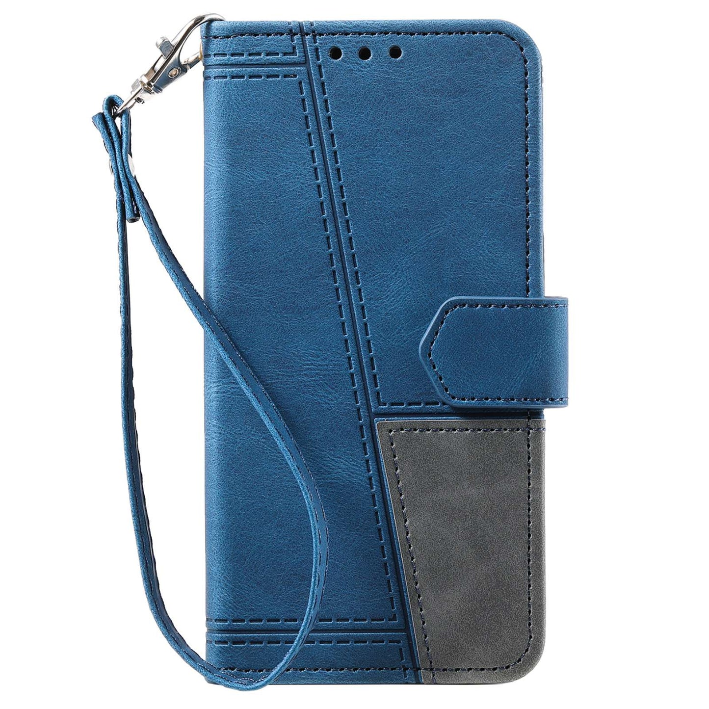 Uniqkart Splicing Shell for iPhone 15 Style 004 Skin-touch Leather Case RFID Blocking Wallet Stand Wrist Strap Cover - Blue