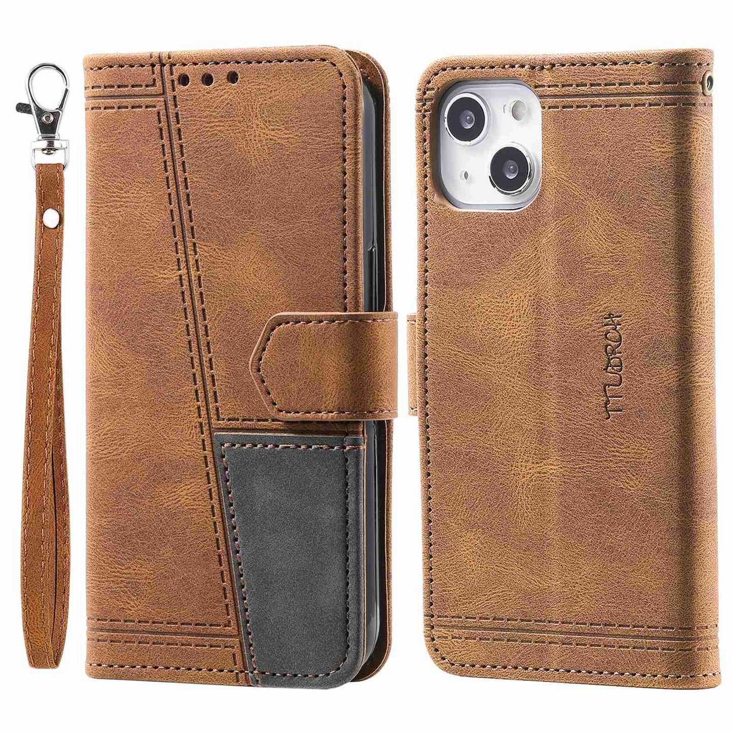 Uniqkart Splicing Shell for iPhone 15 Style 004 Skin-touch Leather Case RFID Blocking Wallet Stand Wrist Strap Cover - Brown