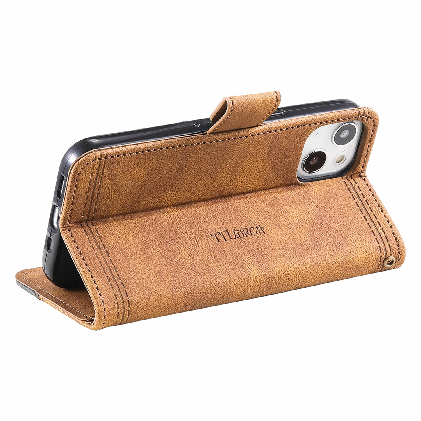 Uniqkart Splicing Shell for iPhone 15 Style 004 Skin-touch Leather Case RFID Blocking Wallet Stand Wrist Strap Cover - Brown