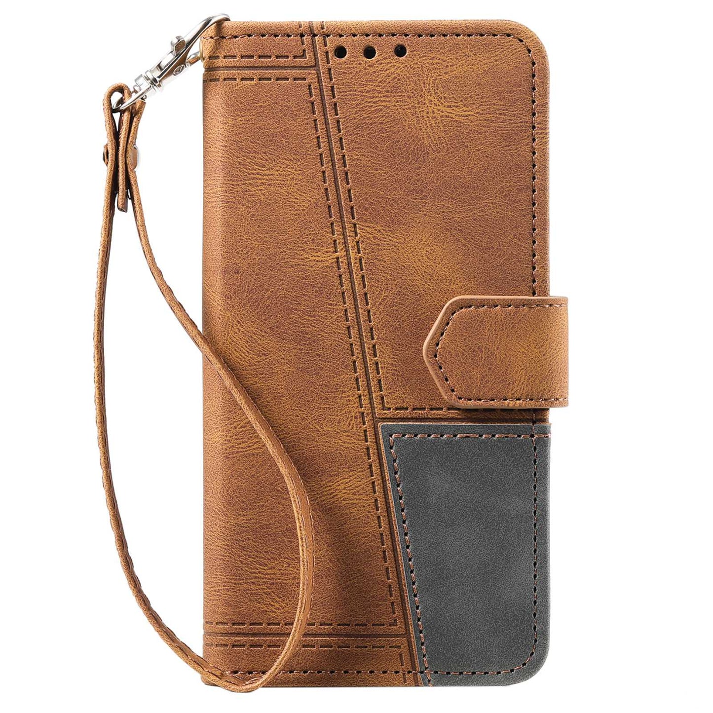 Uniqkart Splicing Shell for iPhone 15 Style 004 Skin-touch Leather Case RFID Blocking Wallet Stand Wrist Strap Cover - Brown