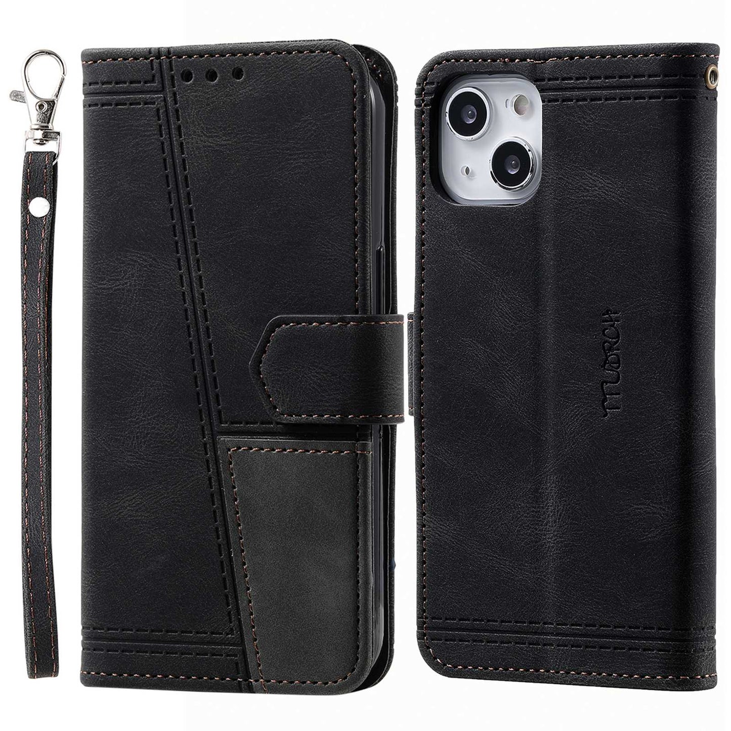 Uniqkart Splicing Shell for iPhone 15 Style 004 Skin-touch Leather Case RFID Blocking Wallet Stand Wrist Strap Cover - Black