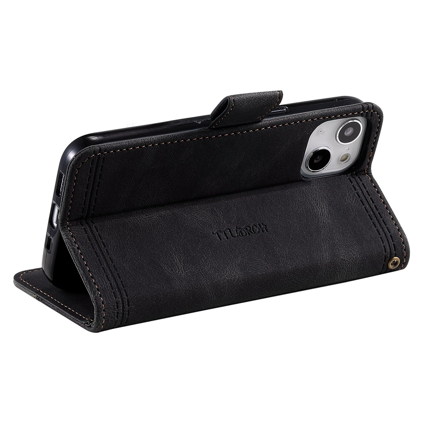 Uniqkart Splicing Shell for iPhone 15 Style 004 Skin-touch Leather Case RFID Blocking Wallet Stand Wrist Strap Cover - Black