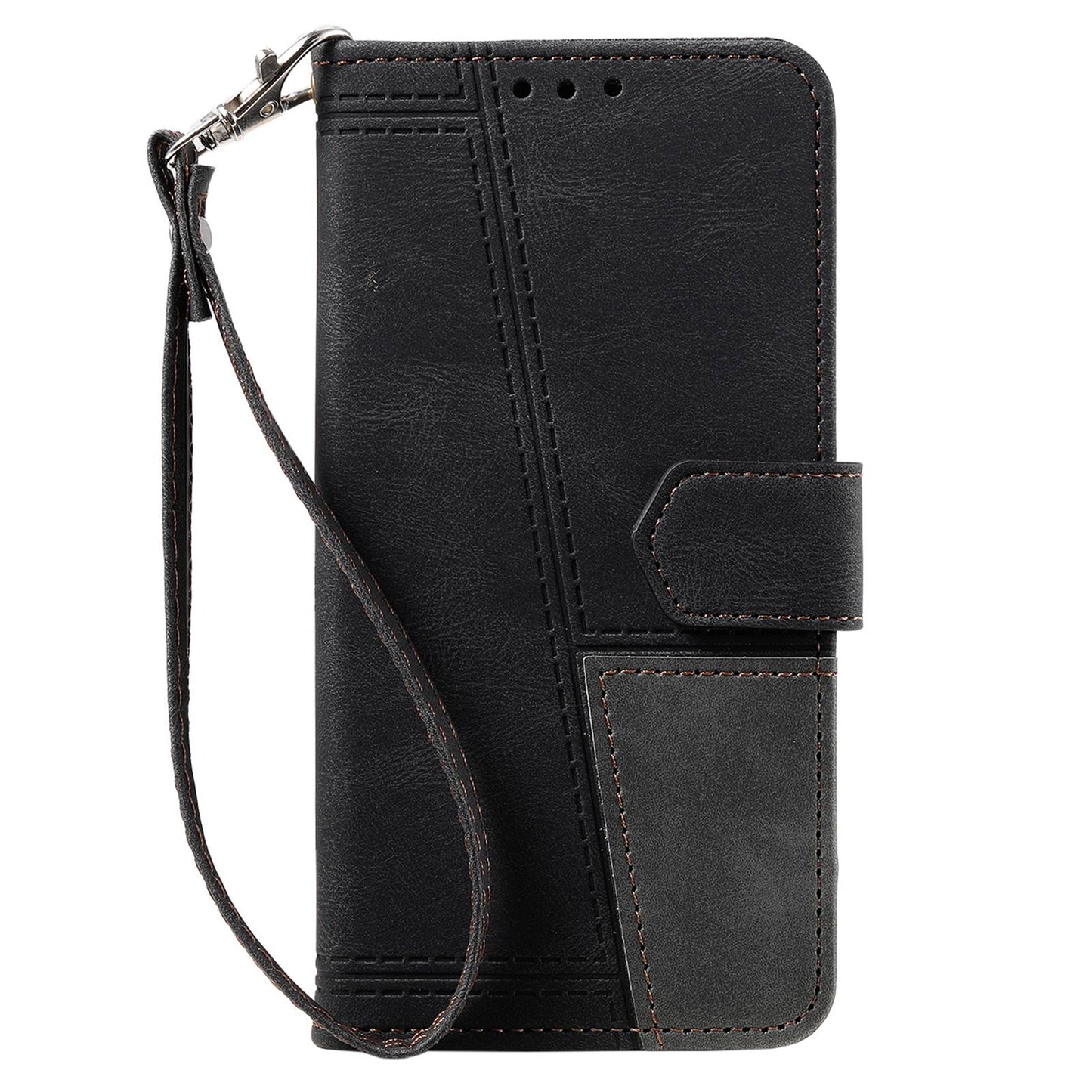 Uniqkart Splicing Shell for iPhone 15 Style 004 Skin-touch Leather Case RFID Blocking Wallet Stand Wrist Strap Cover - Black