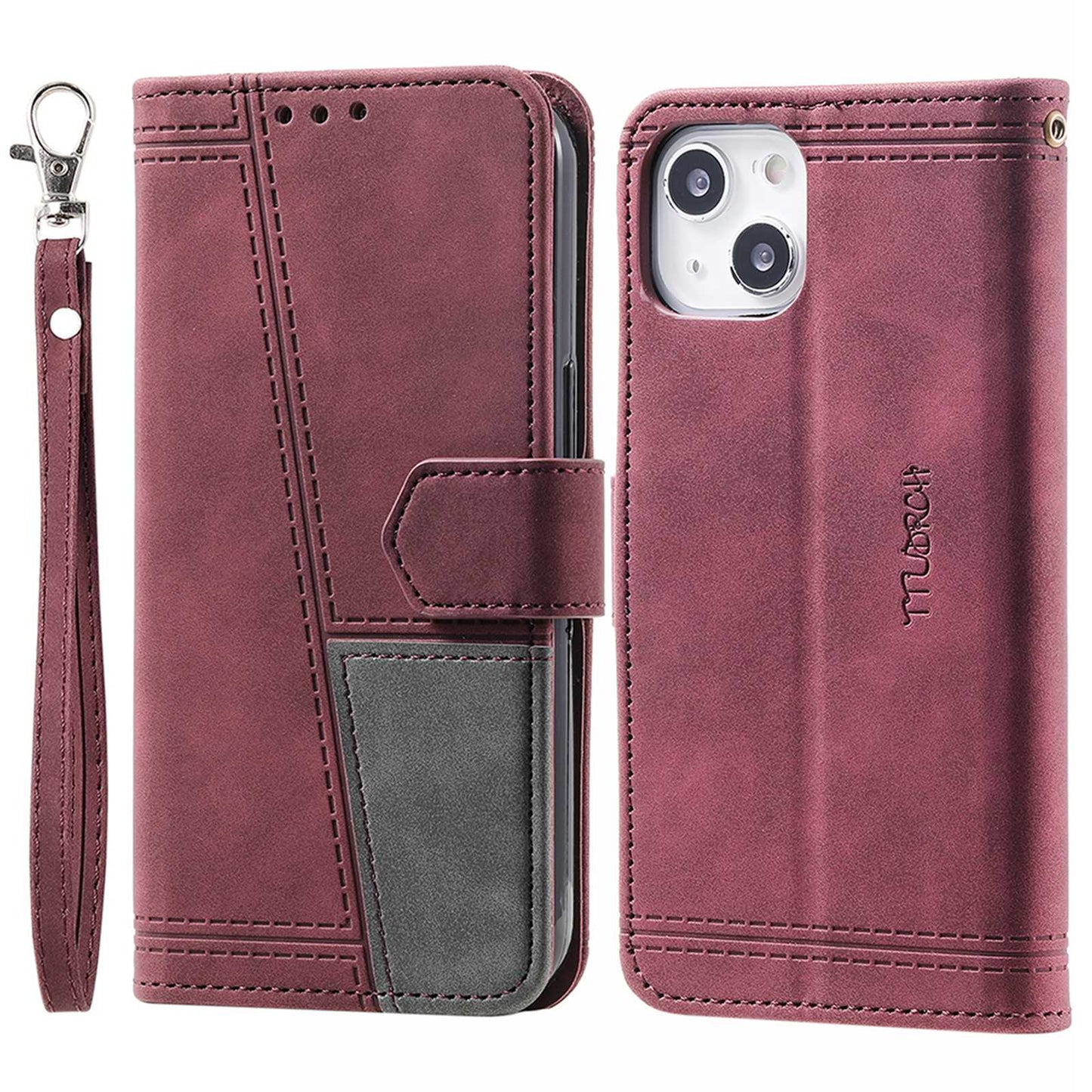 Uniqkart Splicing Shell for iPhone 15 Style 004 Skin-touch Leather Case RFID Blocking Wallet Stand Wrist Strap Cover - Red