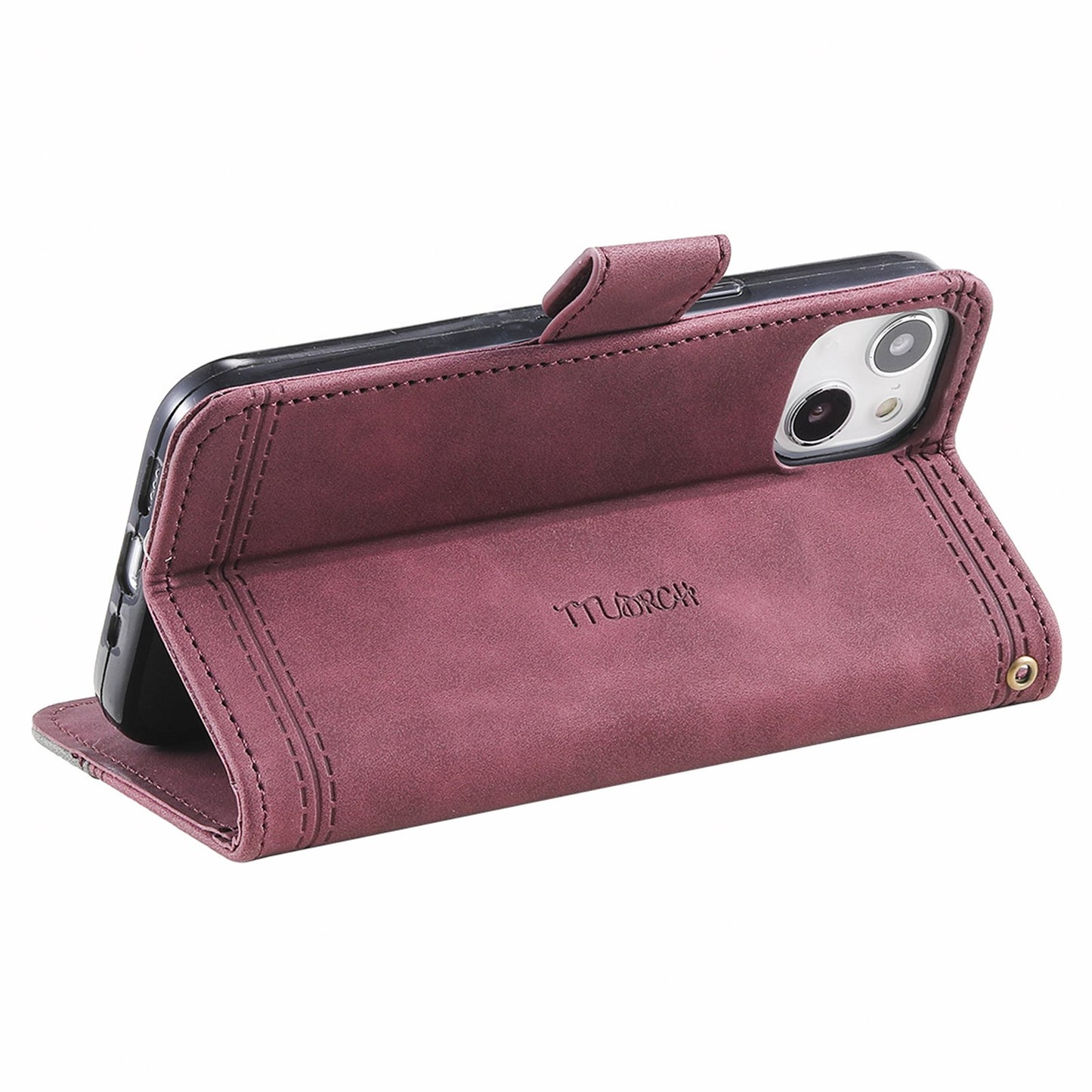 Uniqkart Splicing Shell for iPhone 15 Style 004 Skin-touch Leather Case RFID Blocking Wallet Stand Wrist Strap Cover - Red