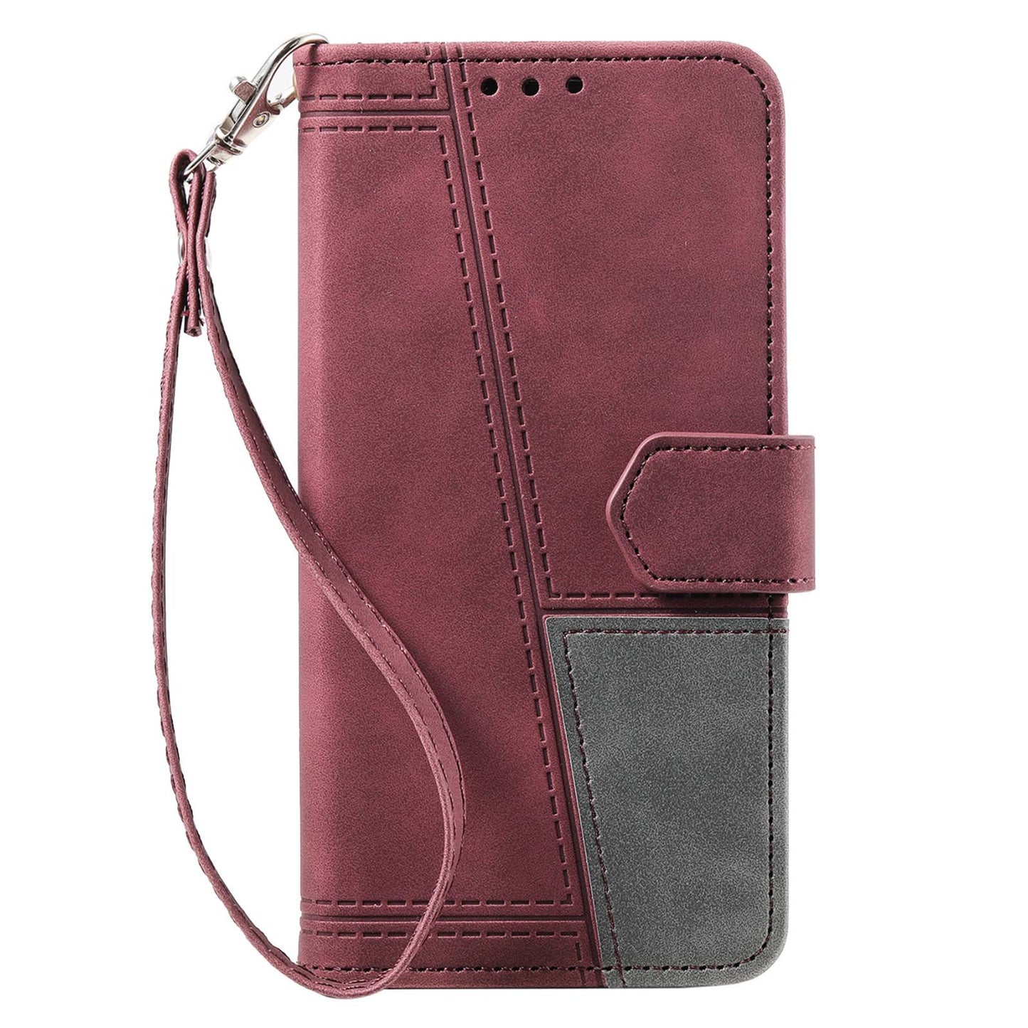 Uniqkart Splicing Shell for iPhone 15 Style 004 Skin-touch Leather Case RFID Blocking Wallet Stand Wrist Strap Cover - Red