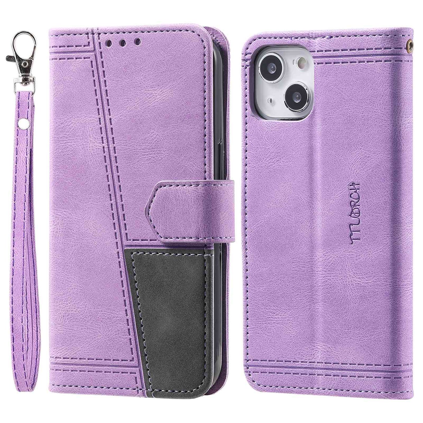 Uniqkart Splicing Shell for iPhone 15 Style 004 Skin-touch Leather Case RFID Blocking Wallet Stand Wrist Strap Cover - Purple