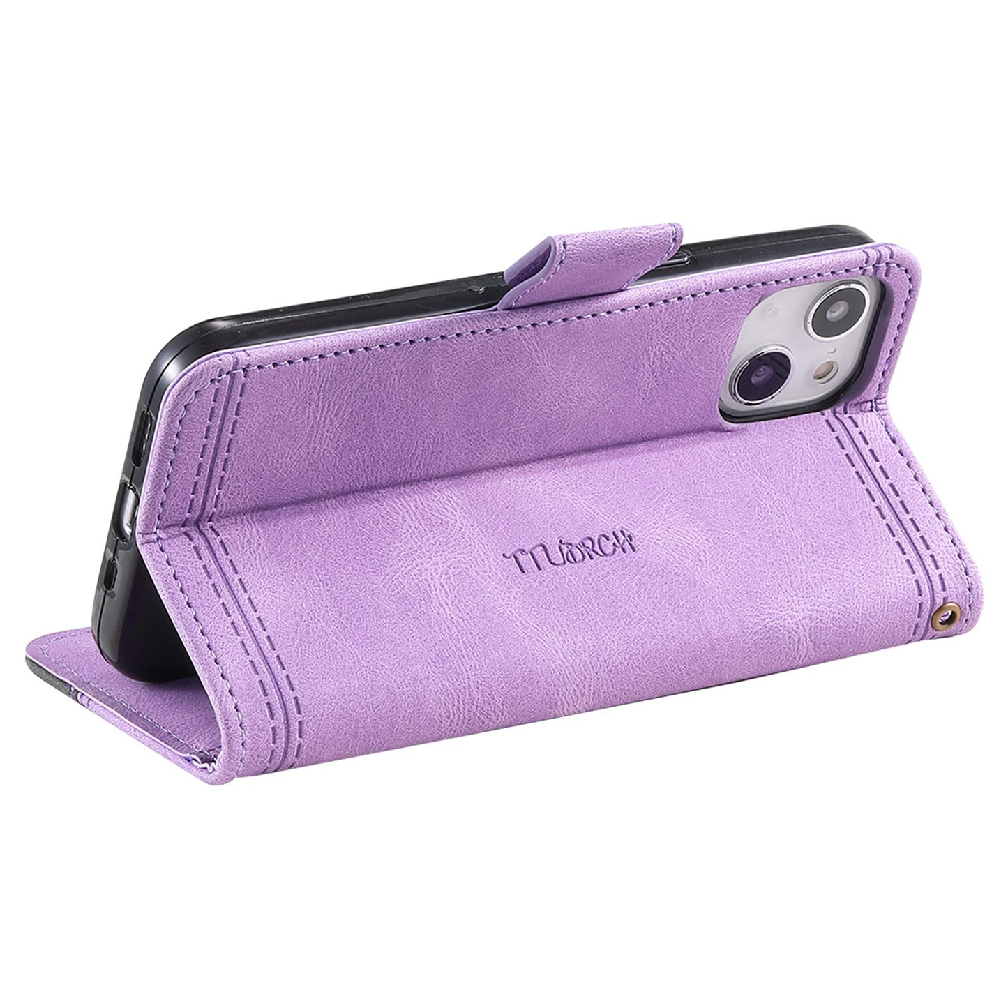 Uniqkart Splicing Shell for iPhone 15 Style 004 Skin-touch Leather Case RFID Blocking Wallet Stand Wrist Strap Cover - Purple