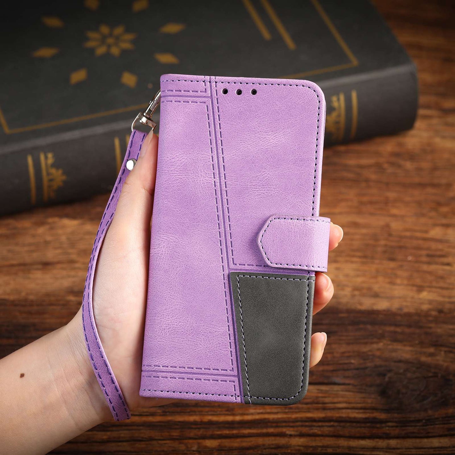 Uniqkart Splicing Shell for iPhone 15 Style 004 Skin-touch Leather Case RFID Blocking Wallet Stand Wrist Strap Cover - Purple