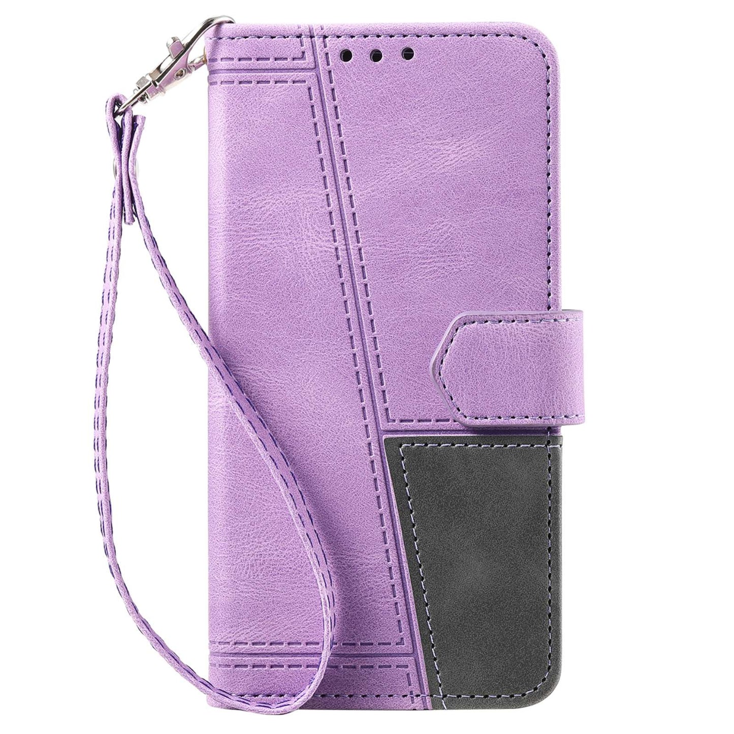 Uniqkart Splicing Shell for iPhone 15 Style 004 Skin-touch Leather Case RFID Blocking Wallet Stand Wrist Strap Cover - Purple