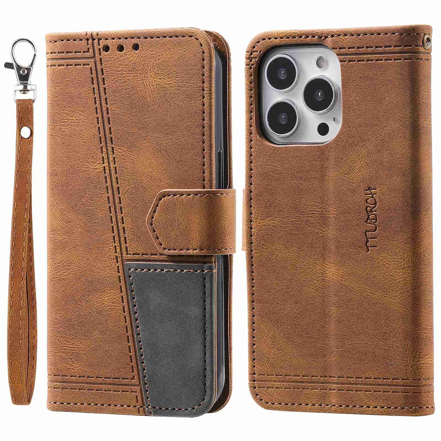 Uniqkart For iPhone 15 Pro Style 004 Wrist Strap Design Splicing Skin-touch Leather Case RFID Blocking Wallet Stand Cover - Brown
