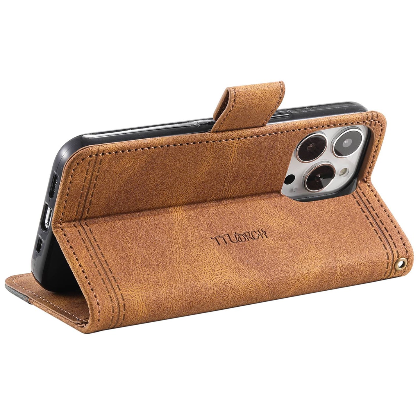 Uniqkart For iPhone 15 Pro Style 004 Wrist Strap Design Splicing Skin-touch Leather Case RFID Blocking Wallet Stand Cover - Brown