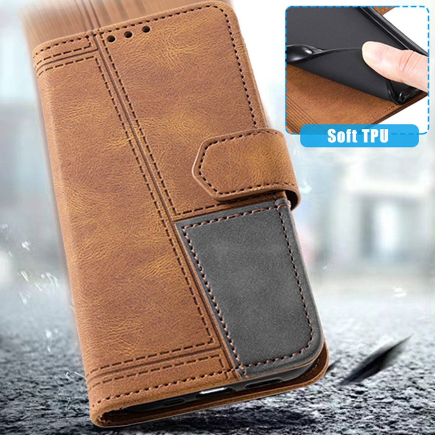 Uniqkart For iPhone 15 Pro Style 004 Wrist Strap Design Splicing Skin-touch Leather Case RFID Blocking Wallet Stand Cover - Brown