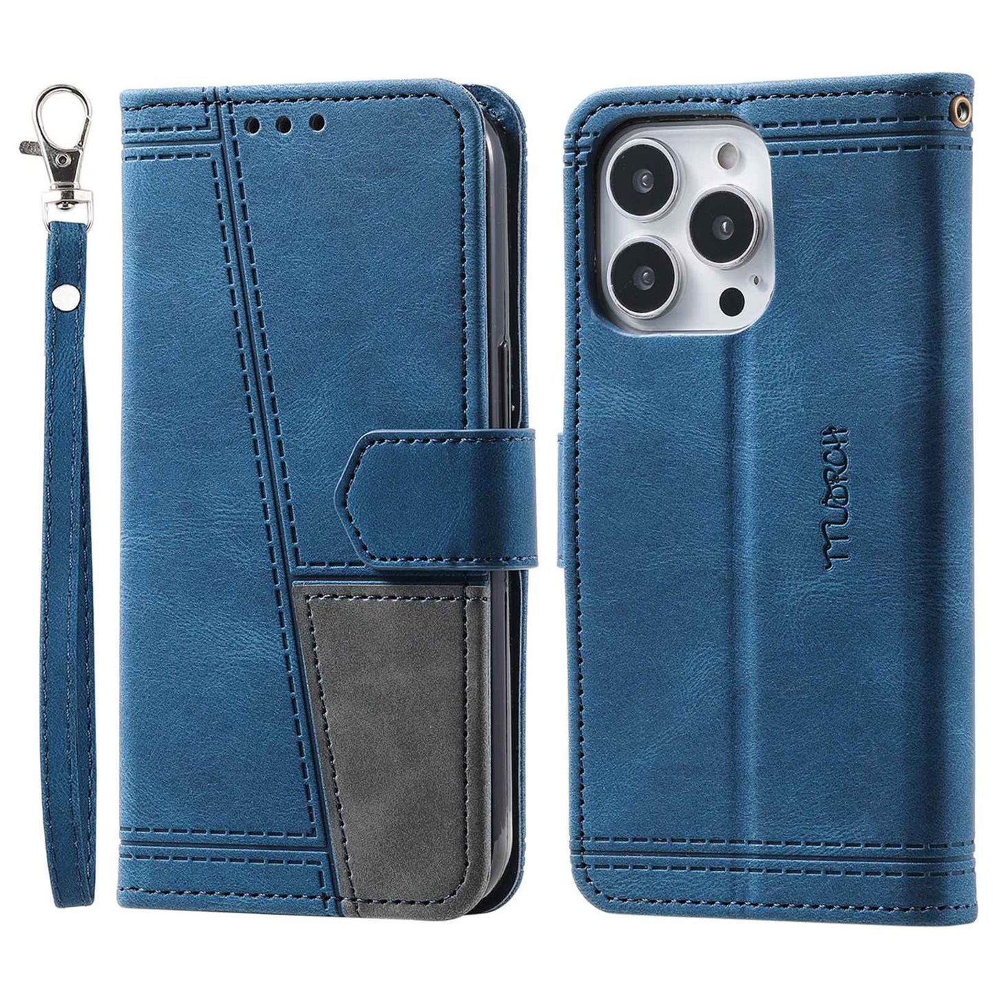 Uniqkart For iPhone 15 Pro Style 004 Wrist Strap Design Splicing Skin-touch Leather Case RFID Blocking Wallet Stand Cover - Blue