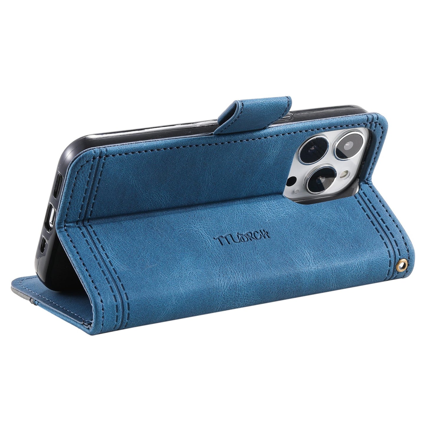 Uniqkart For iPhone 15 Pro Style 004 Wrist Strap Design Splicing Skin-touch Leather Case RFID Blocking Wallet Stand Cover - Blue