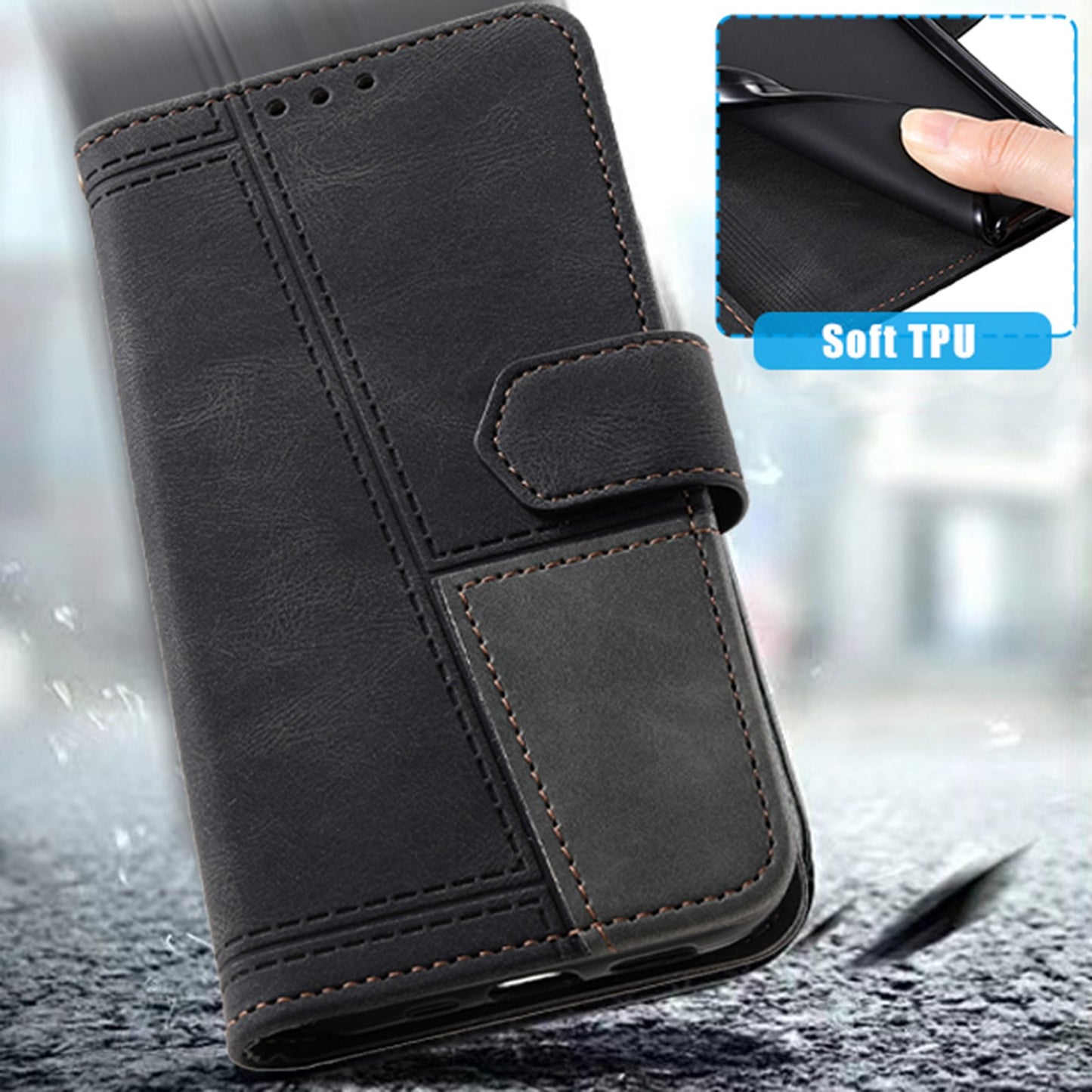 Uniqkart For iPhone 15 Pro Style 004 Wrist Strap Design Splicing Skin-touch Leather Case RFID Blocking Wallet Stand Cover - Black