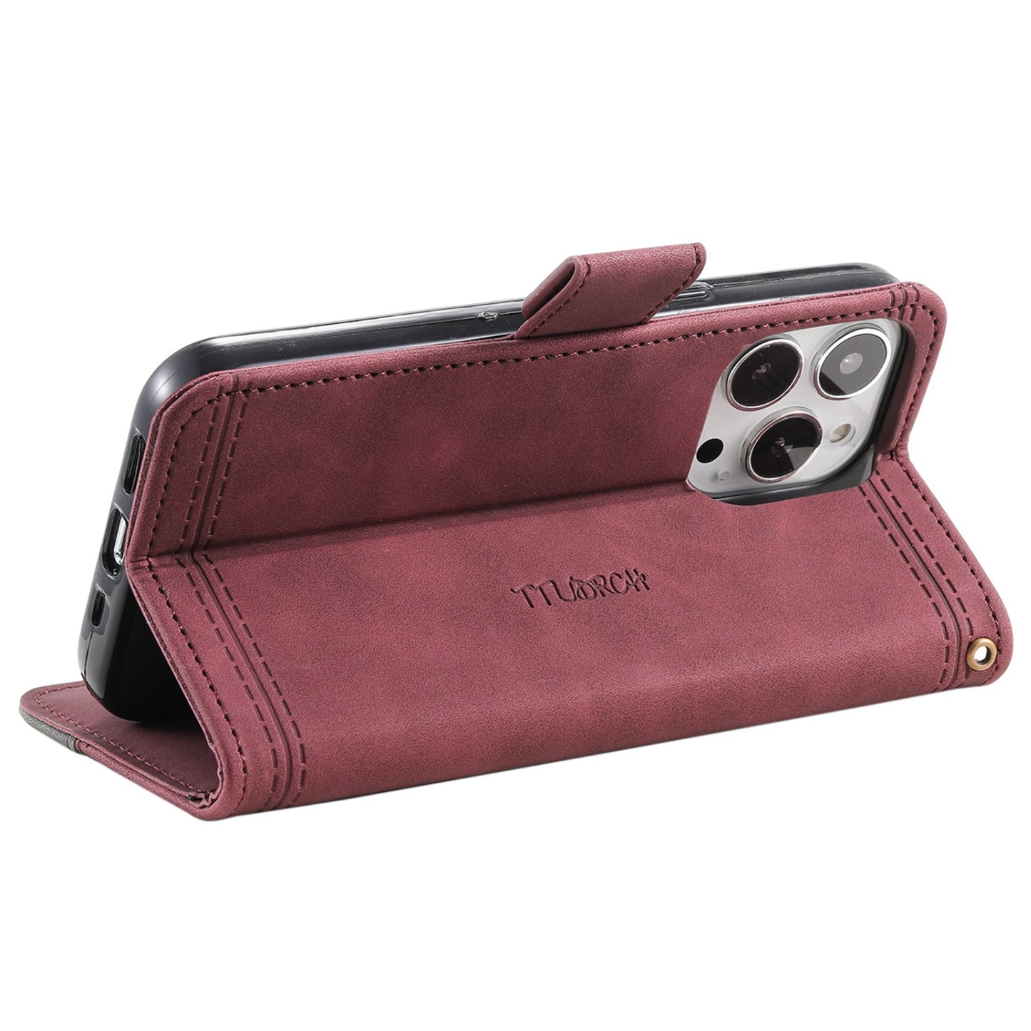 Uniqkart For iPhone 15 Pro Style 004 Wrist Strap Design Splicing Skin-touch Leather Case RFID Blocking Wallet Stand Cover - Red