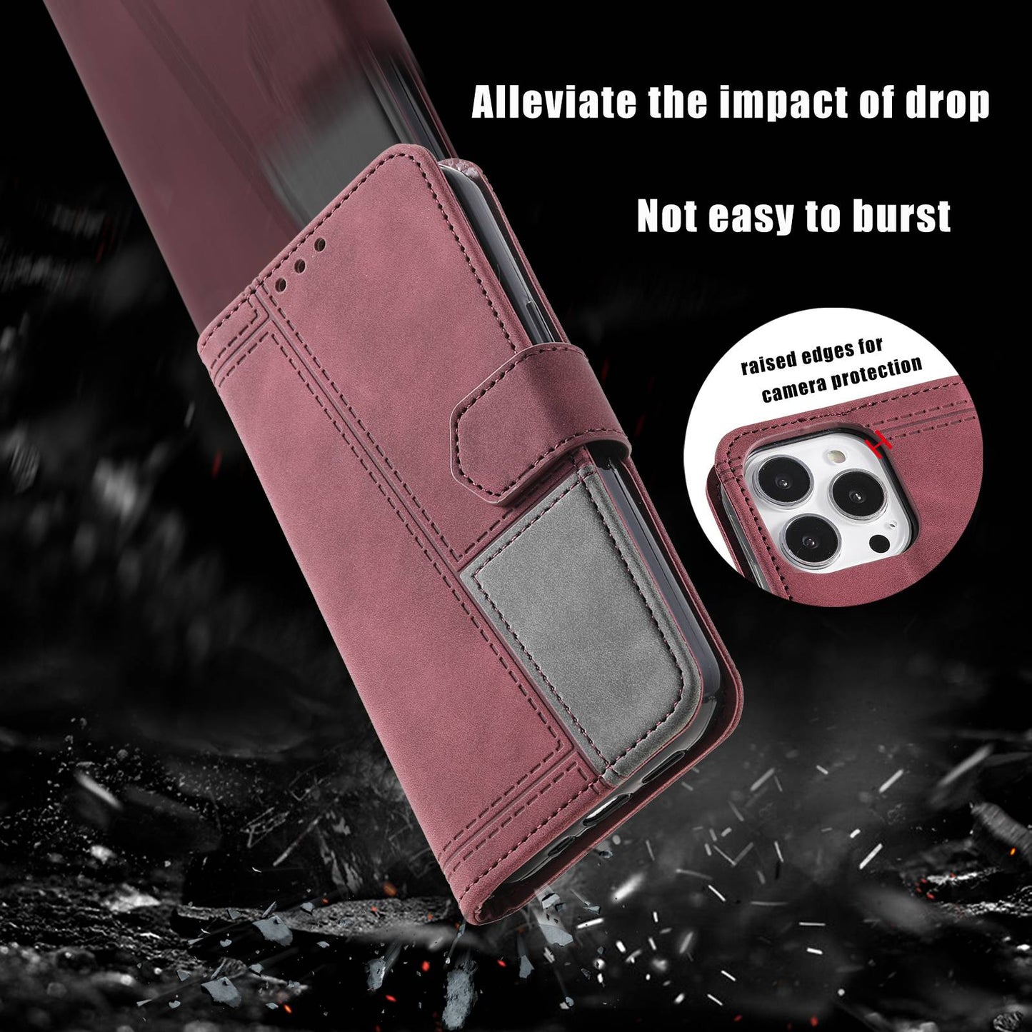 Uniqkart For iPhone 15 Pro Style 004 Wrist Strap Design Splicing Skin-touch Leather Case RFID Blocking Wallet Stand Cover - Red