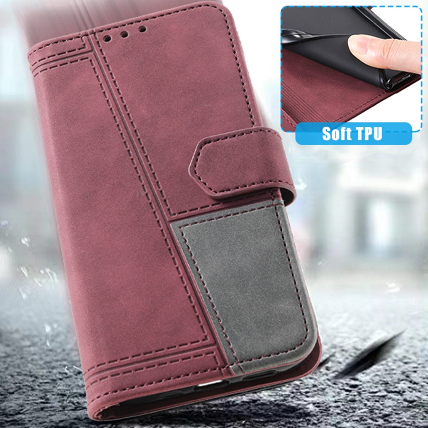 Uniqkart For iPhone 15 Pro Style 004 Wrist Strap Design Splicing Skin-touch Leather Case RFID Blocking Wallet Stand Cover - Red
