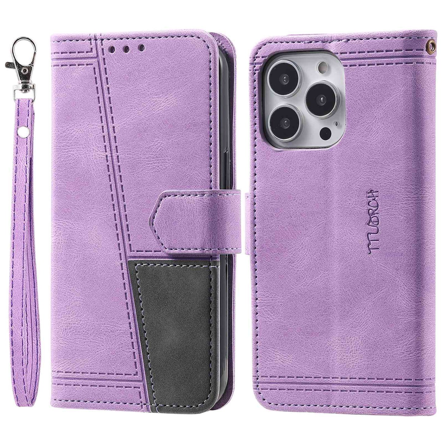Uniqkart For iPhone 15 Pro Style 004 Wrist Strap Design Splicing Skin-touch Leather Case RFID Blocking Wallet Stand Cover - Purple