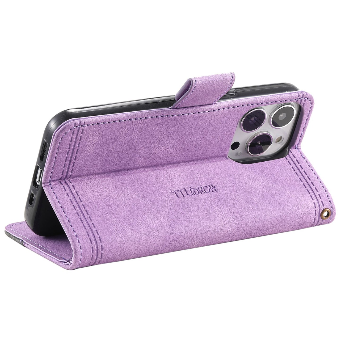 Uniqkart For iPhone 15 Pro Style 004 Wrist Strap Design Splicing Skin-touch Leather Case RFID Blocking Wallet Stand Cover - Purple