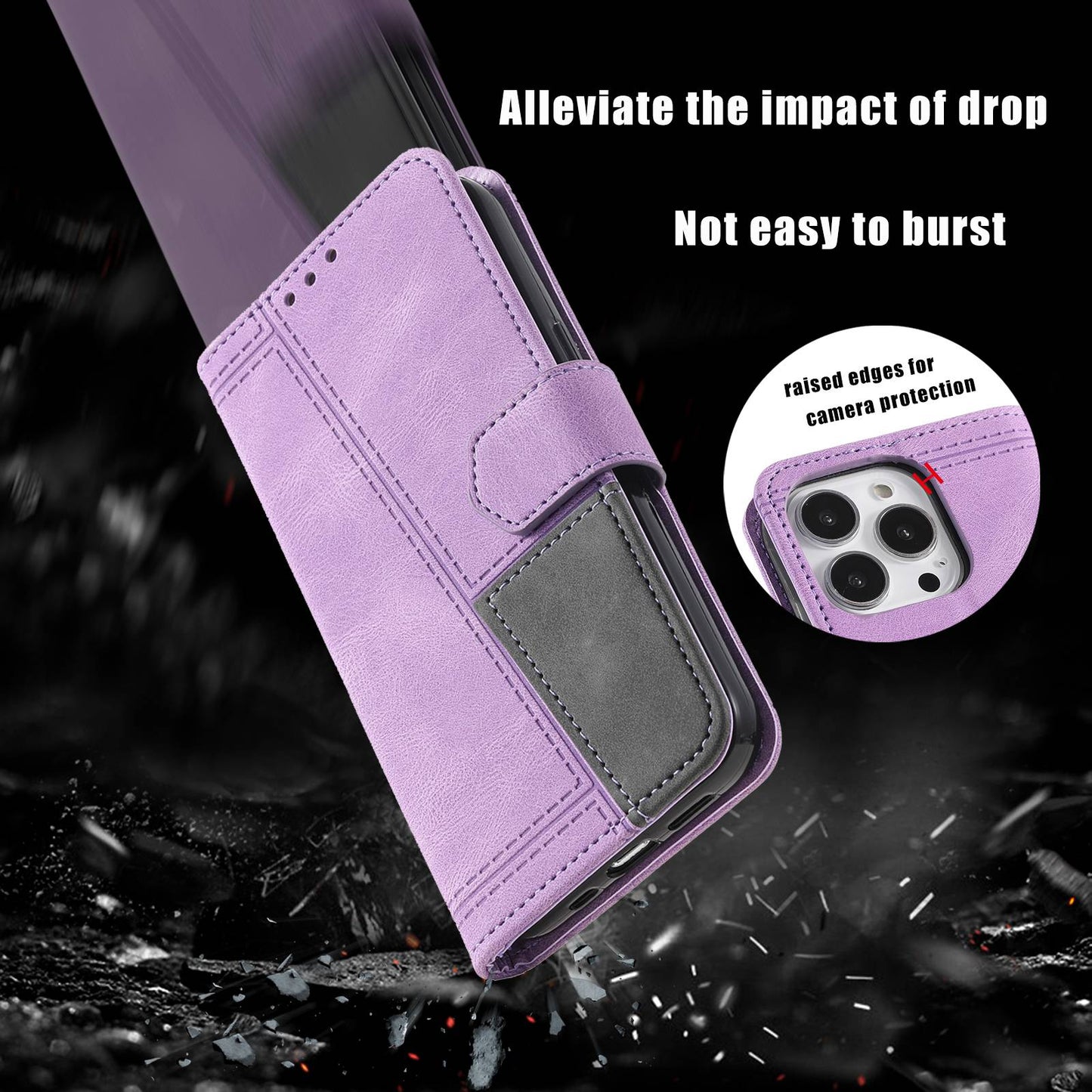 Uniqkart For iPhone 15 Pro Style 004 Wrist Strap Design Splicing Skin-touch Leather Case RFID Blocking Wallet Stand Cover - Purple
