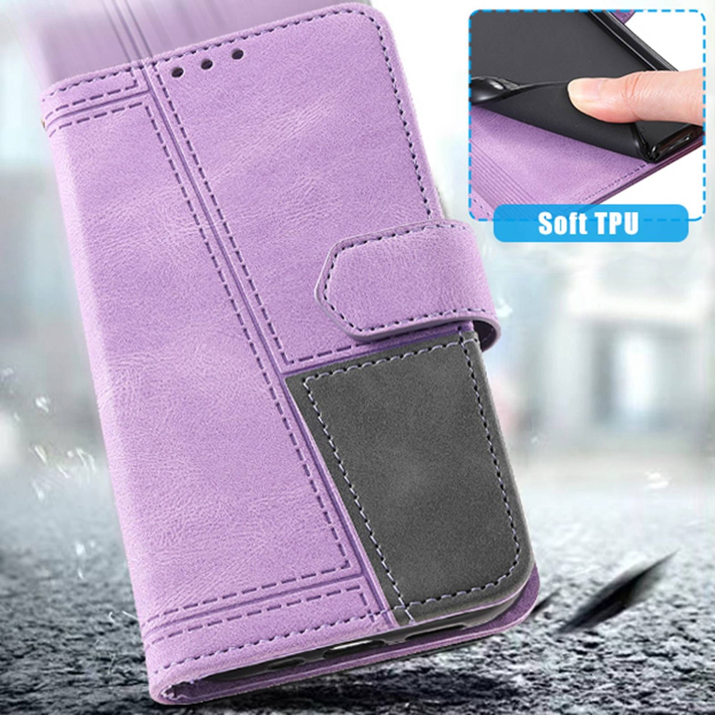 Uniqkart For iPhone 15 Pro Style 004 Wrist Strap Design Splicing Skin-touch Leather Case RFID Blocking Wallet Stand Cover - Purple