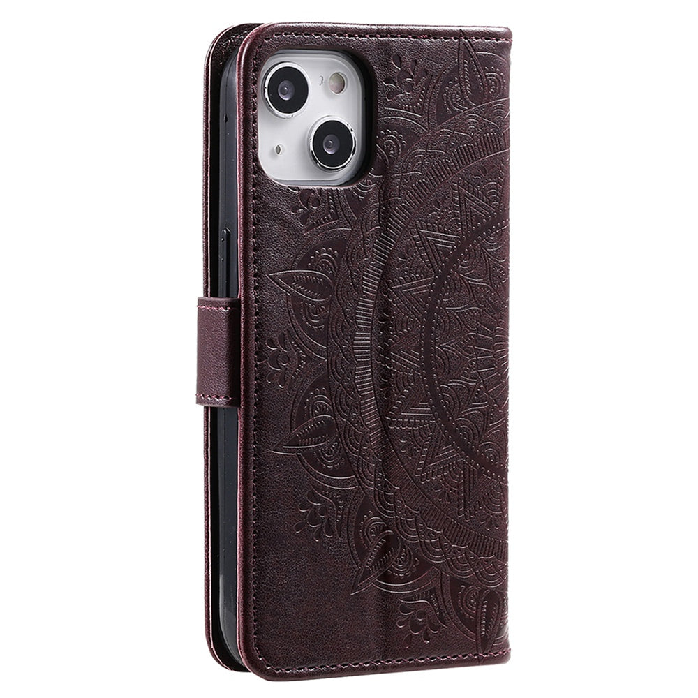 Uniqkart for iPhone 15 PU Leather Stand Cover Mandala Flower Imprint Wallet Phone Case with Strap - Brown
