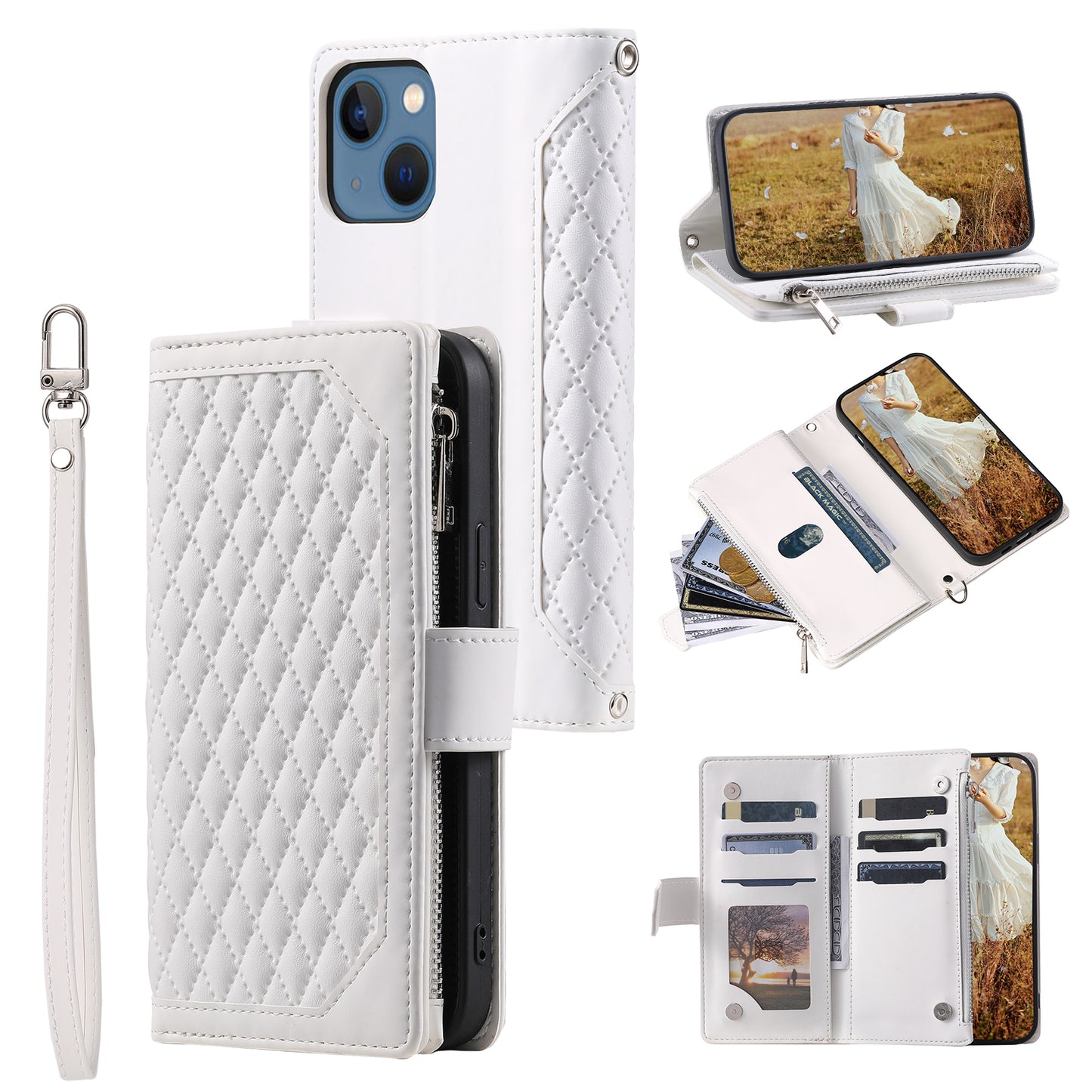 Uniqkart for iPhone 15 Anti-Dust PU Leather Phone Case Rhombus Texture Zipper Wallet Cover with Strap - White