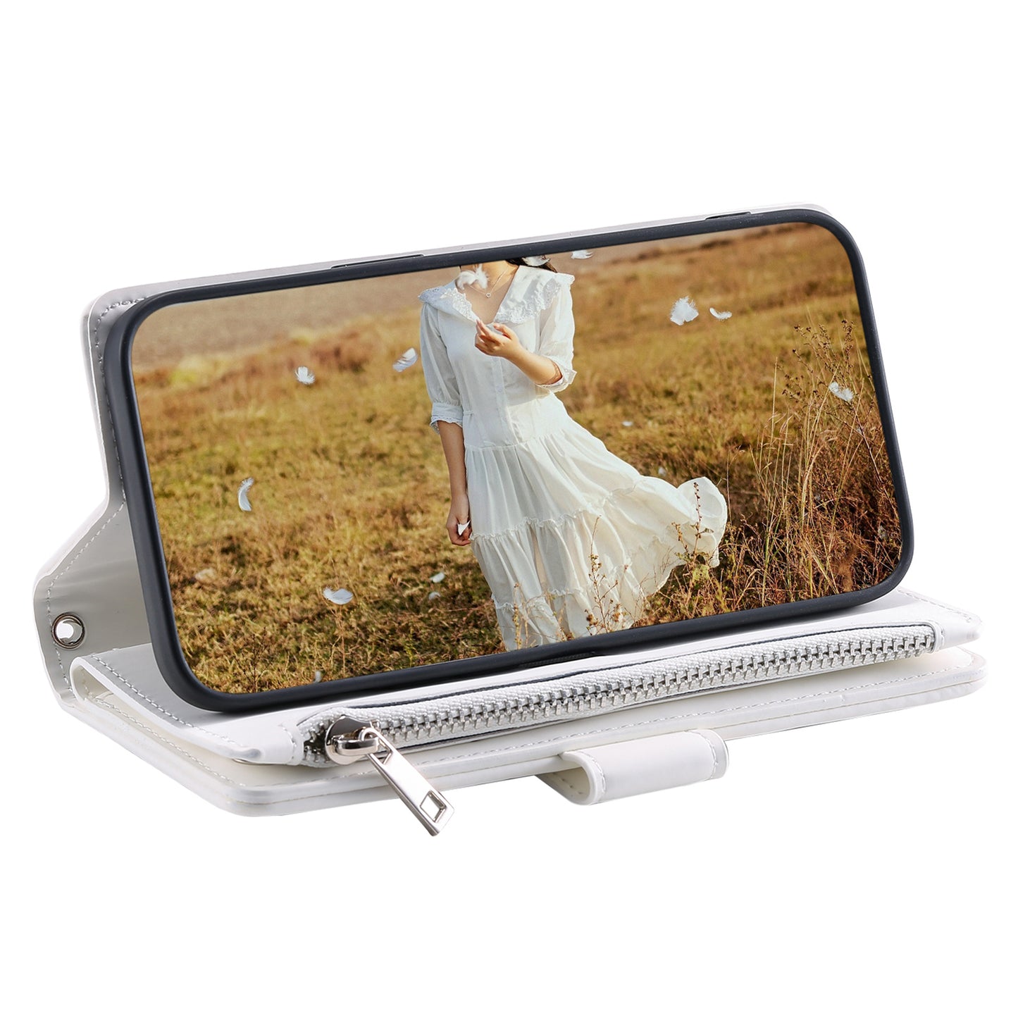 Uniqkart for iPhone 15 Anti-Dust PU Leather Phone Case Rhombus Texture Zipper Wallet Cover with Strap - White