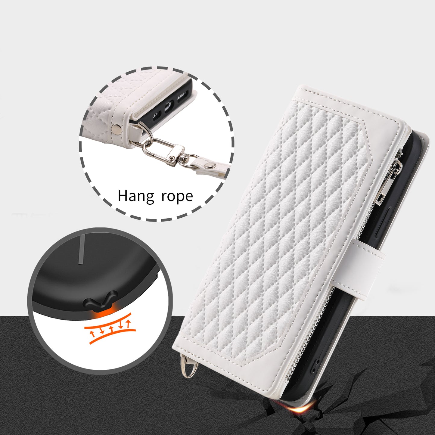 Uniqkart for iPhone 15 Anti-Dust PU Leather Phone Case Rhombus Texture Zipper Wallet Cover with Strap - White