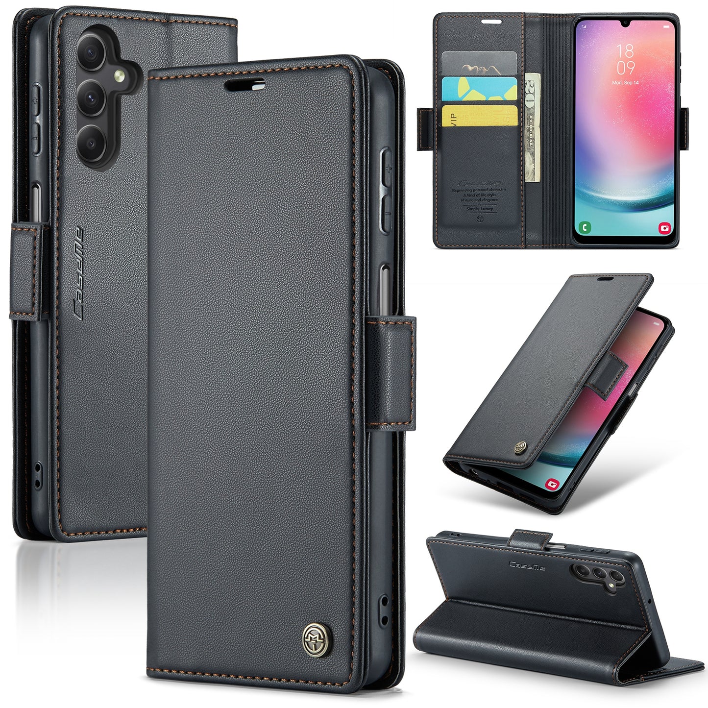 Caseme 023 Series For Samsung Galaxy A24 4G RFID Blocking Phone Case PU Leather Wallet Stand Cover - Black
