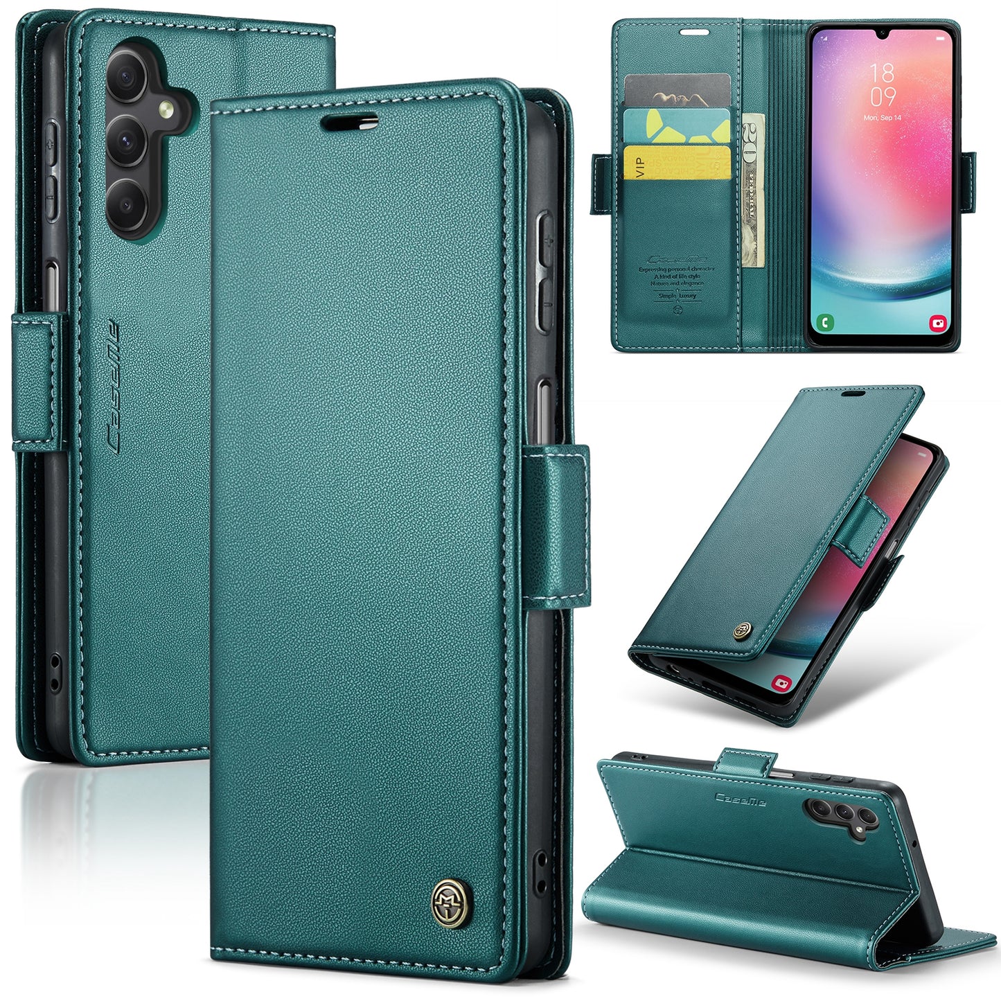 Caseme 023 Series For Samsung Galaxy A24 4G RFID Blocking Phone Case PU Leather Wallet Stand Cover - Green