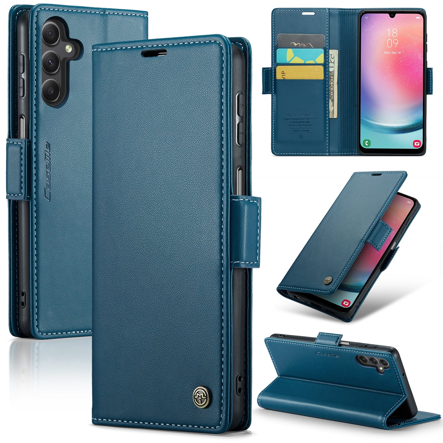 Caseme 023 Series For Samsung Galaxy A24 4G RFID Blocking Phone Case PU Leather Wallet Stand Cover - Blue
