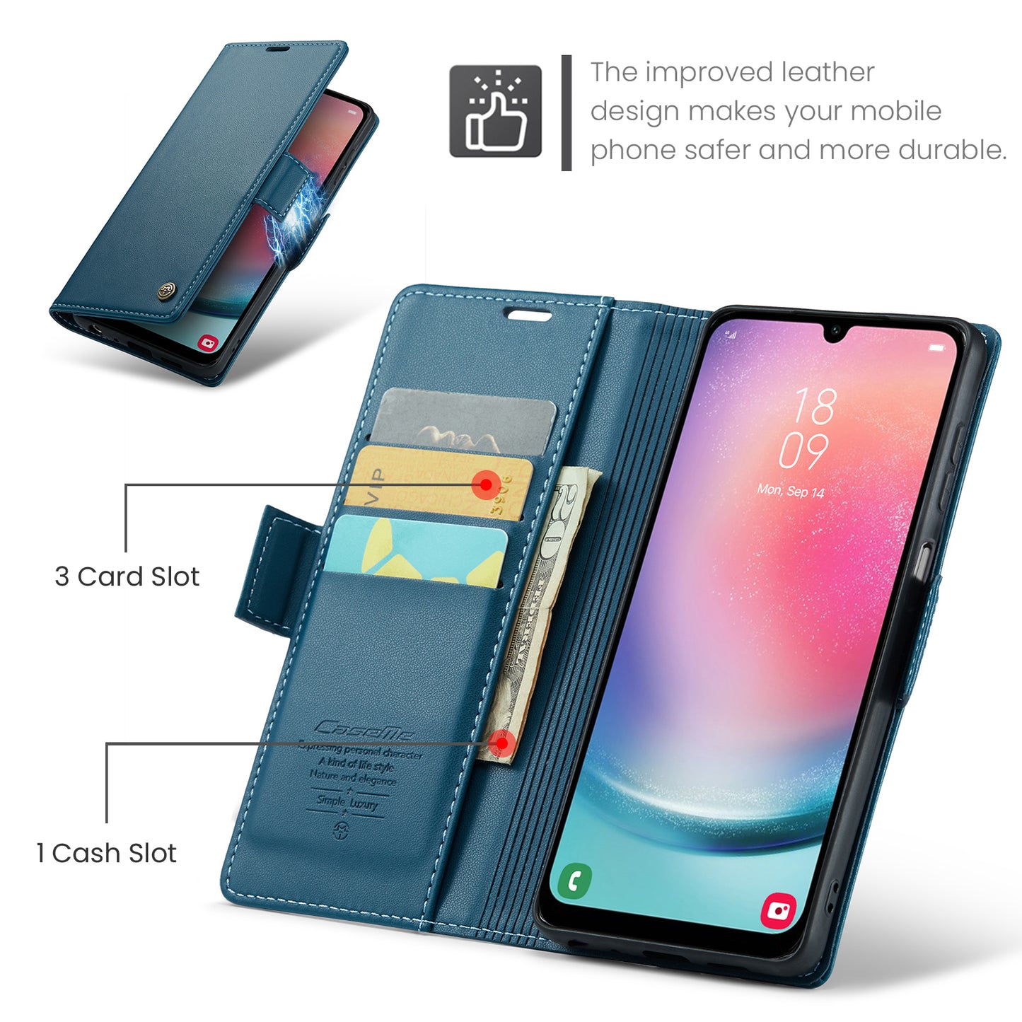 Caseme 023 Series For Samsung Galaxy A24 4G RFID Blocking Phone Case PU Leather Wallet Stand Cover - Blue