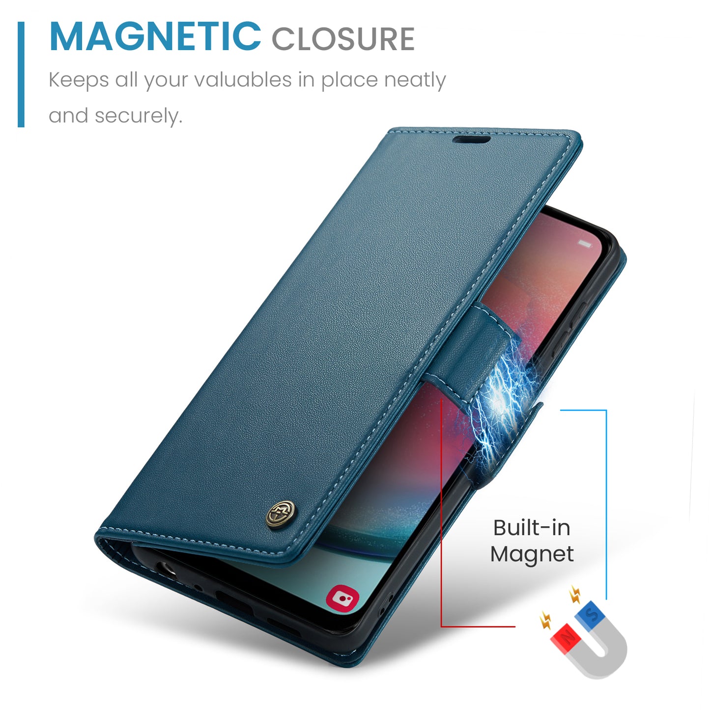 Caseme 023 Series For Samsung Galaxy A24 4G RFID Blocking Phone Case PU Leather Wallet Stand Cover - Blue