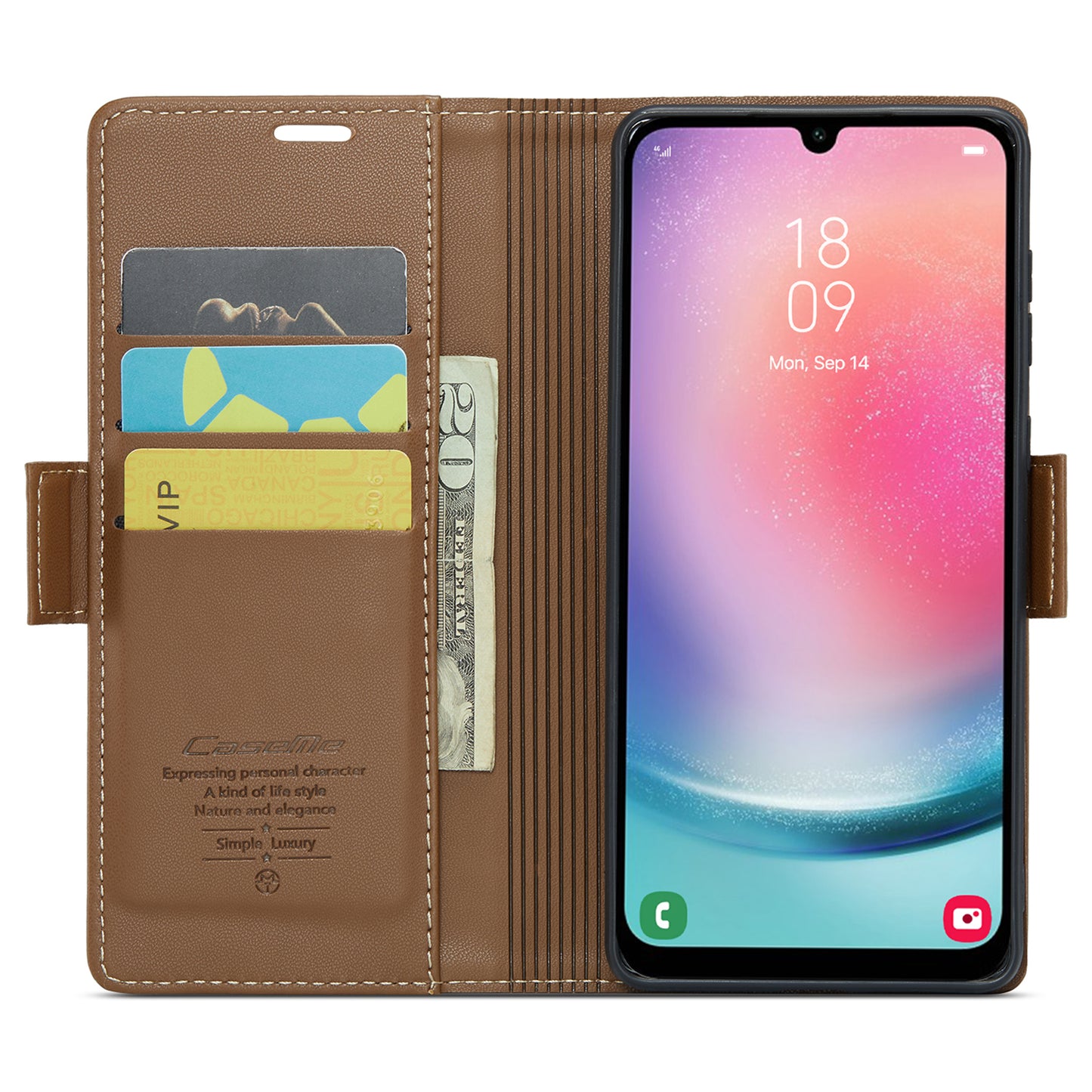 Caseme 023 Series For Samsung Galaxy A24 4G RFID Blocking Phone Case PU Leather Wallet Stand Cover - Brown
