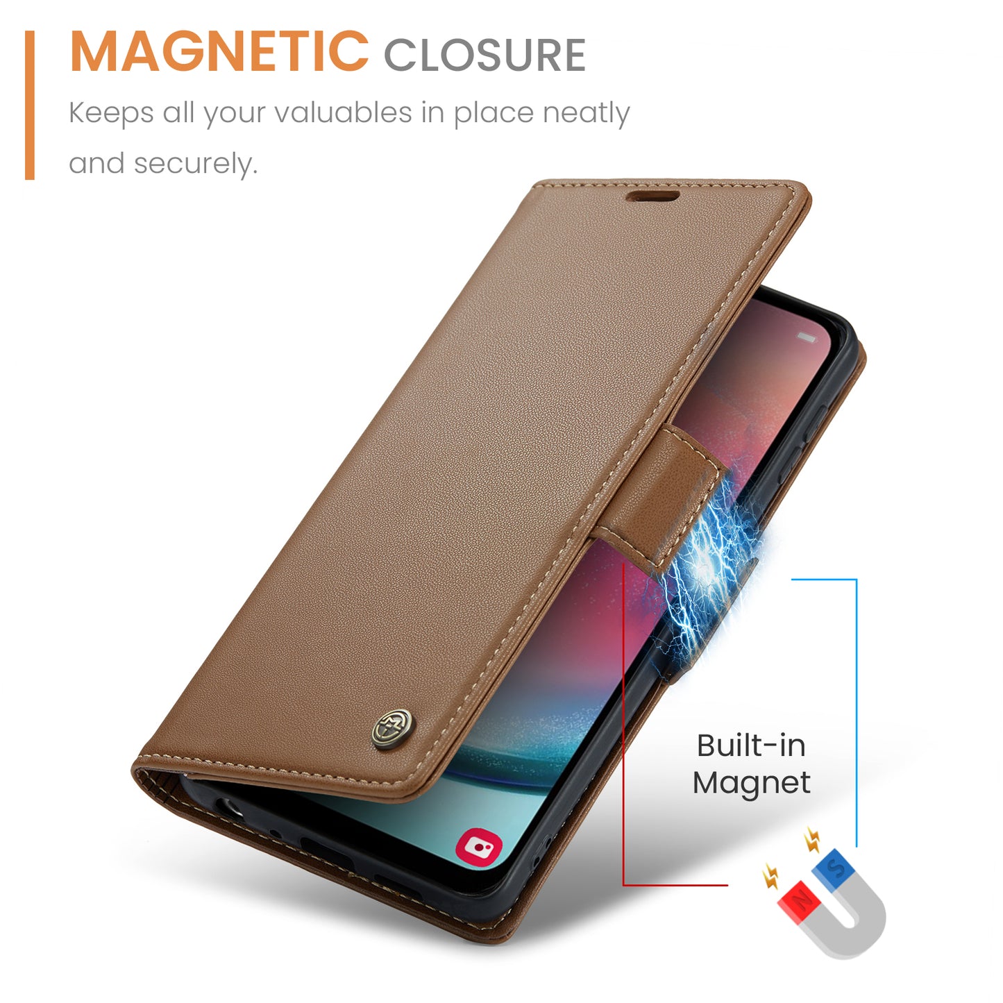Caseme 023 Series For Samsung Galaxy A24 4G RFID Blocking Phone Case PU Leather Wallet Stand Cover - Brown