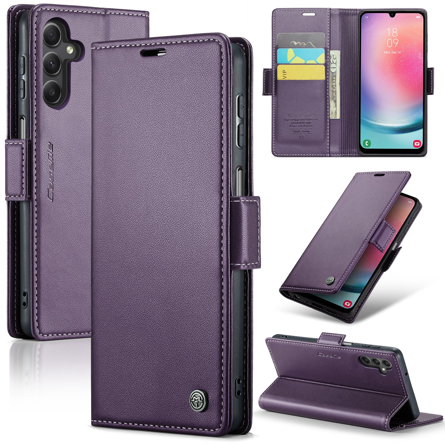Caseme 023 Series For Samsung Galaxy A24 4G RFID Blocking Phone Case PU Leather Wallet Stand Cover - Purple
