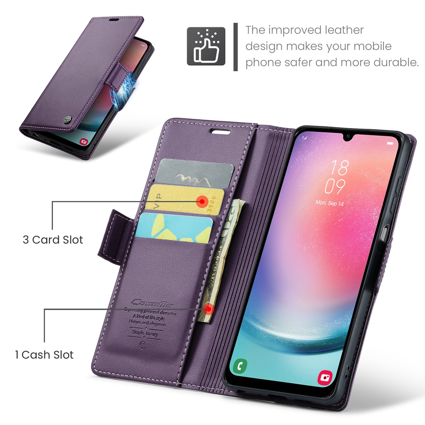 Caseme 023 Series For Samsung Galaxy A24 4G RFID Blocking Phone Case PU Leather Wallet Stand Cover - Purple