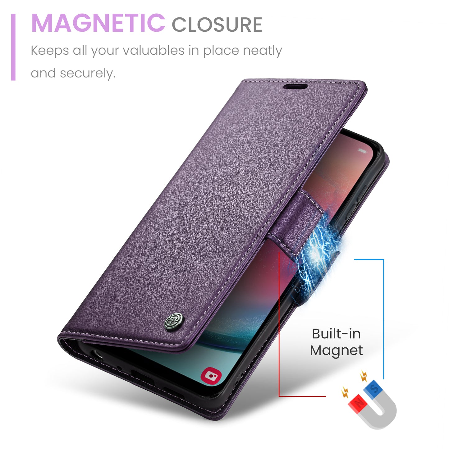 Caseme 023 Series For Samsung Galaxy A24 4G RFID Blocking Phone Case PU Leather Wallet Stand Cover - Purple