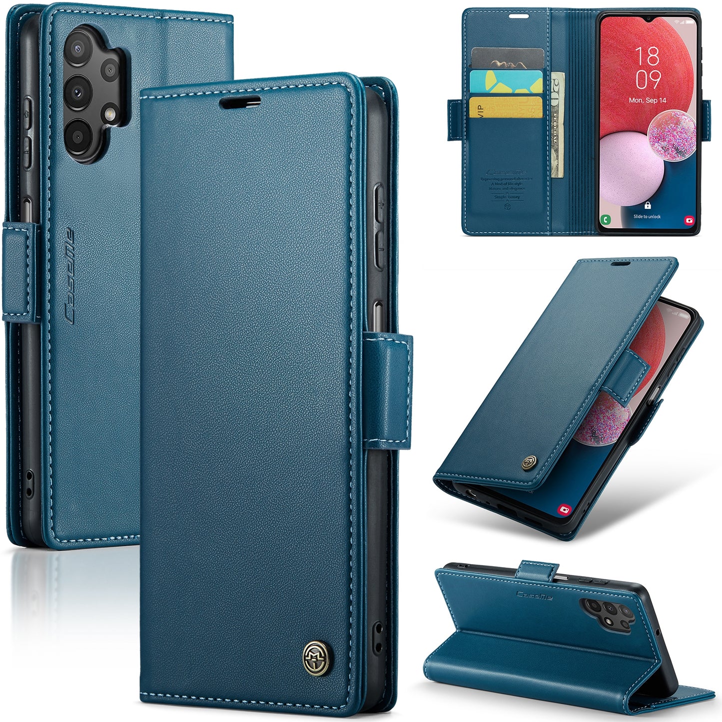 Caseme 023 Series For Samsung Galaxy A13 4G / 5G / A04s 4G / A04 4G / M13 5G Wallet Case RFID Blocking Leather Stand Phone Cover - Blue