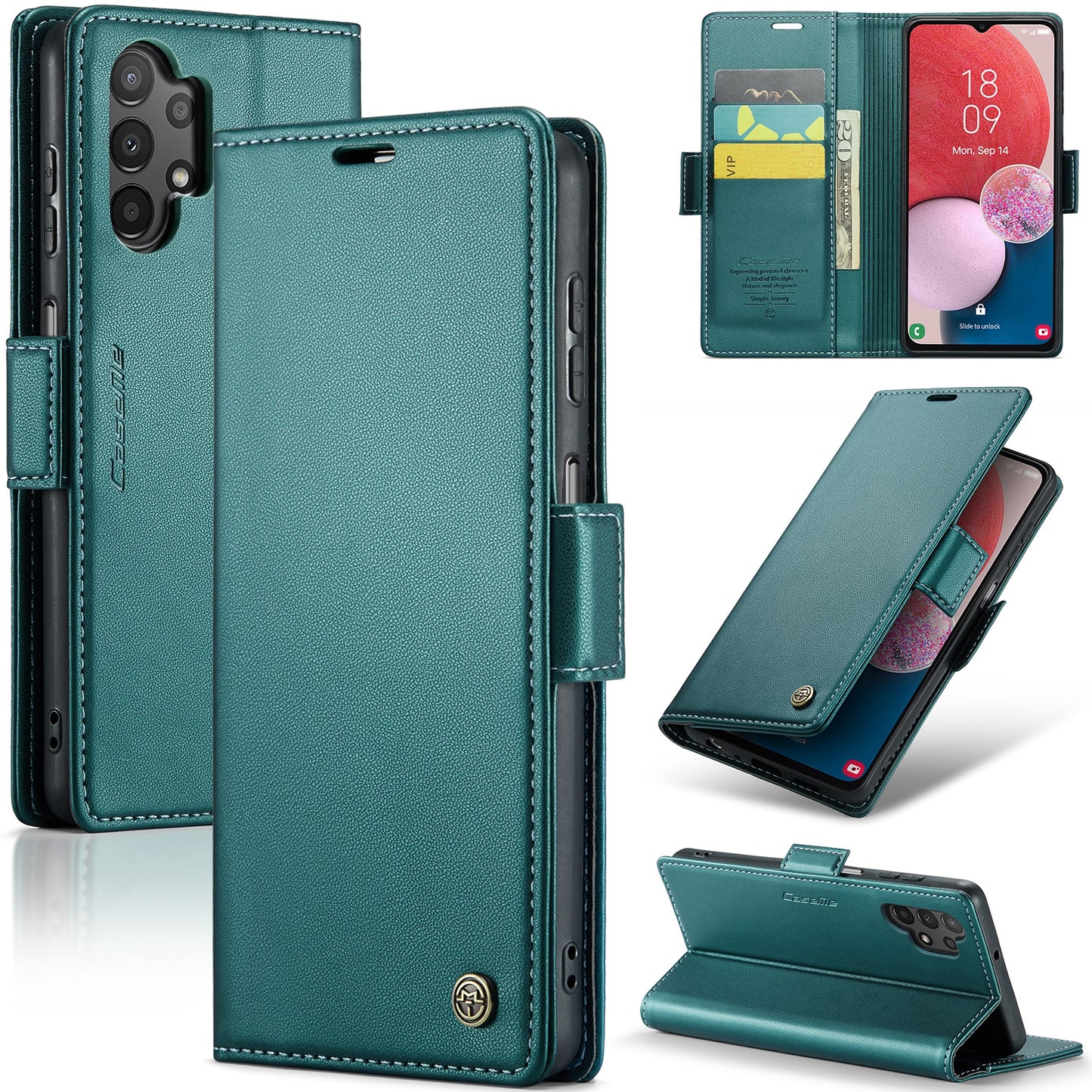 Caseme 023 Series For Samsung Galaxy A13 4G / 5G / A04s 4G / A04 4G / M13 5G Wallet Case RFID Blocking Leather Stand Phone Cover - Green