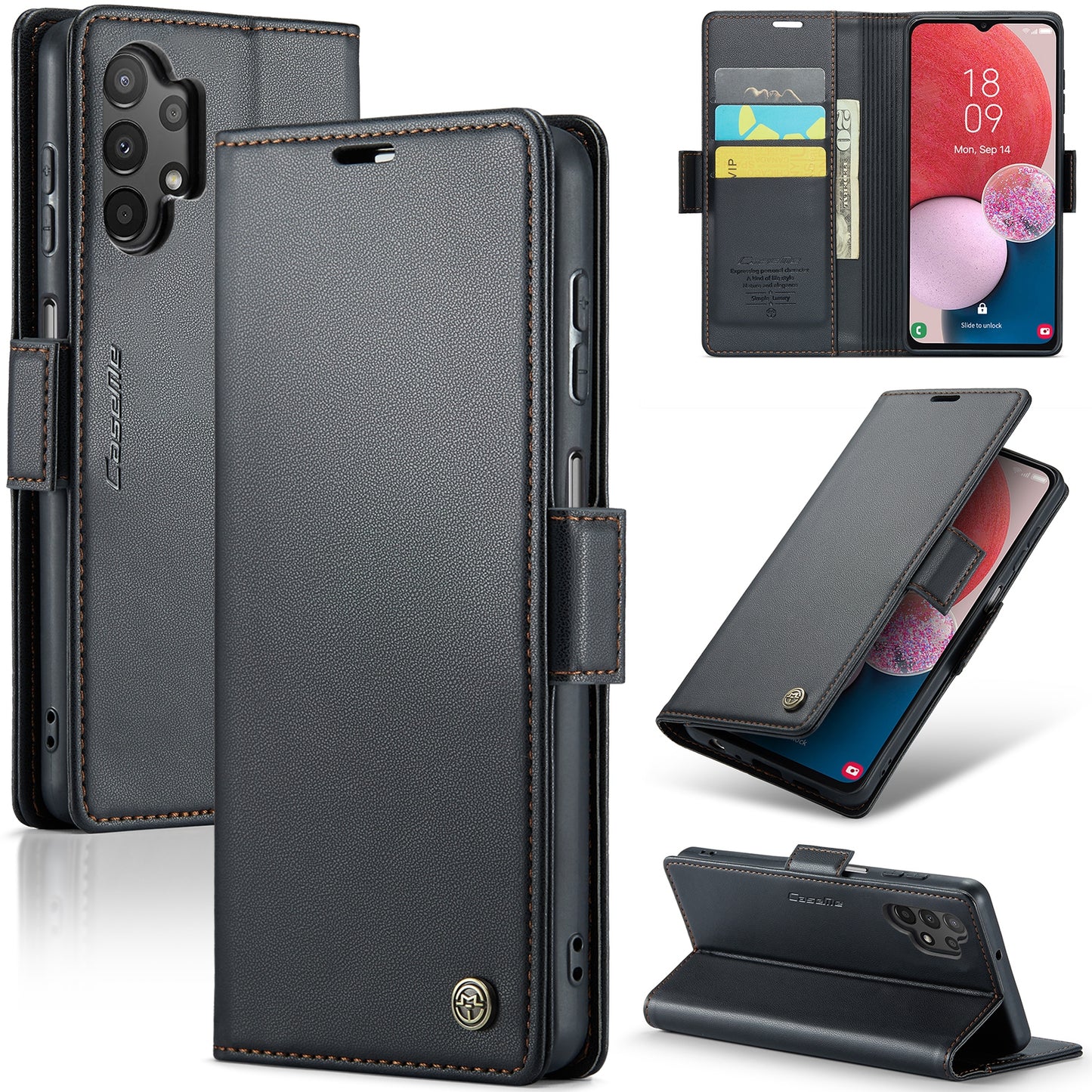 Caseme 023 Series For Samsung Galaxy A13 4G / 5G / A04s 4G / A04 4G / M13 5G Wallet Case RFID Blocking Leather Stand Phone Cover - Black