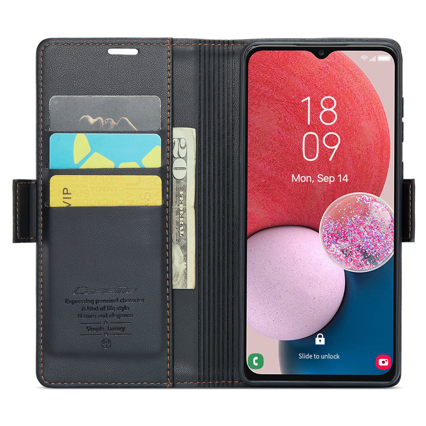 Caseme 023 Series For Samsung Galaxy A13 4G / 5G / A04s 4G / A04 4G / M13 5G Wallet Case RFID Blocking Leather Stand Phone Cover - Black